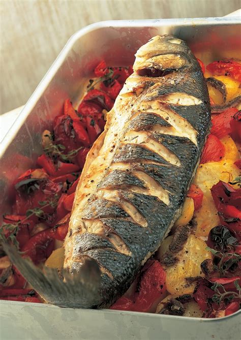 Baked Sea Bass With Roasted Red Peppers Tomatoes Anchovies And