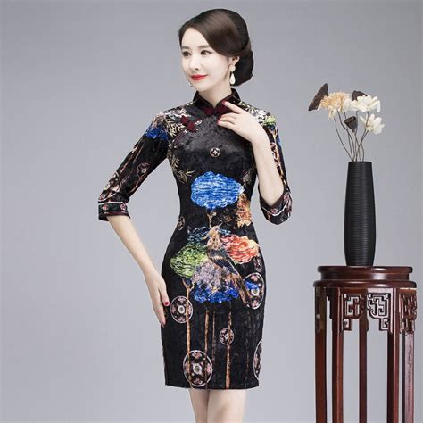summer new women black print flower vestidos sexy cheongsam chinese