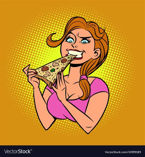 Funny Hungry Girl Eating Pizza Royalty Free Vector Image