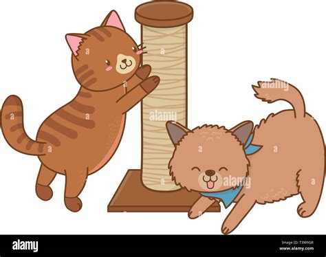 cute funny pets cats playing  tree toy cartoon vector illustration