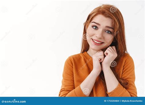 Tender Sensual Good Looking Redhead Woman In Orange Sweater Sighing