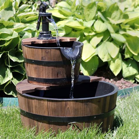 sunnydaze country wood barrel water fountain  tier waterfall