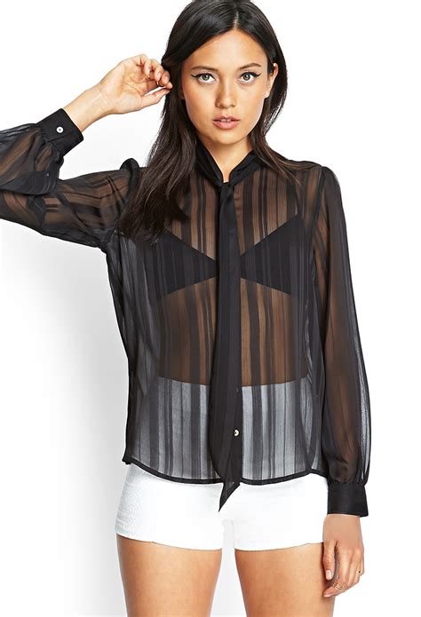 Forever 21 Sheer Striped Tie Blouse In Black Lyst