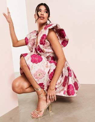 asos luxe floral jacquard bubble plunge dress  pink floral asos