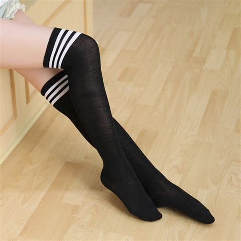 fashion striped knee socks women cotton thigh high over