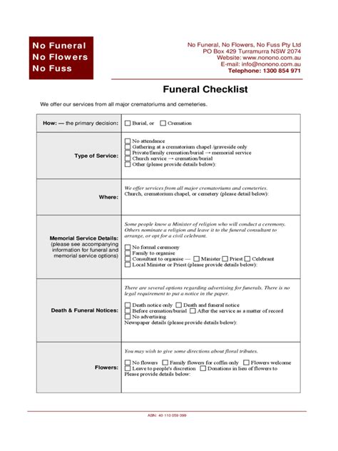 funeral checklist template   templates   word excel