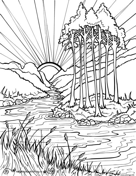 coloriage couche de soleil en plein nature lav  arbres dessin nature