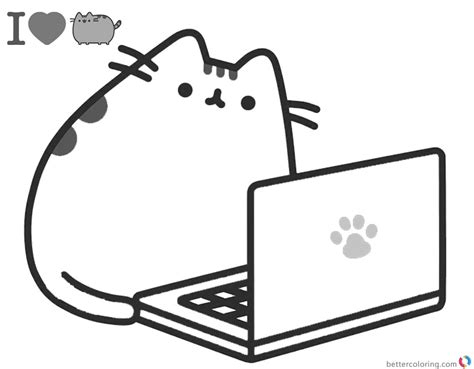 pusheen coloring pages playing laptop  printable coloring pages