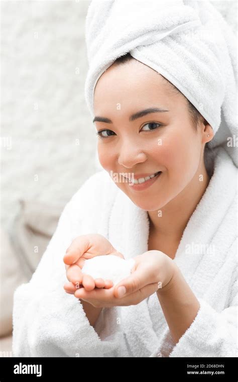 Salt Therapy Portrait Asian Woman With Towel On Her Head Enjoying