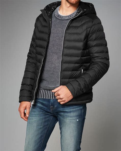 abercrombie and fitch lightweight hooded puffer jacket in black for men lyst