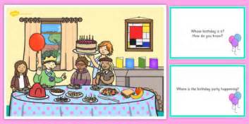 birthday party scene  question cards birthday party