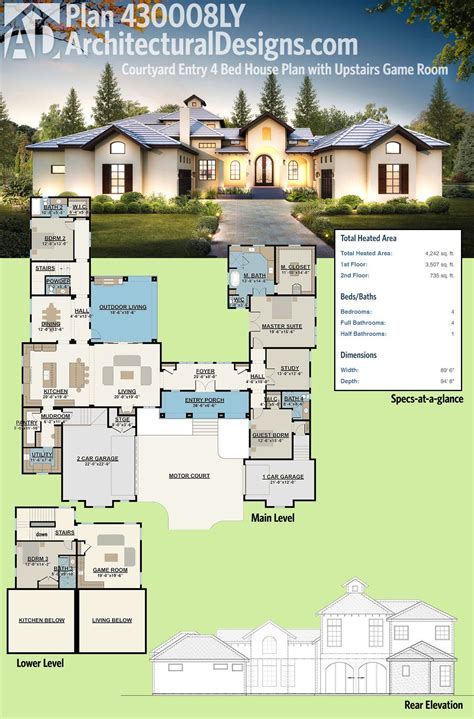 plan ly courtyard entry  bed house plan  upstairs game room pool house plans