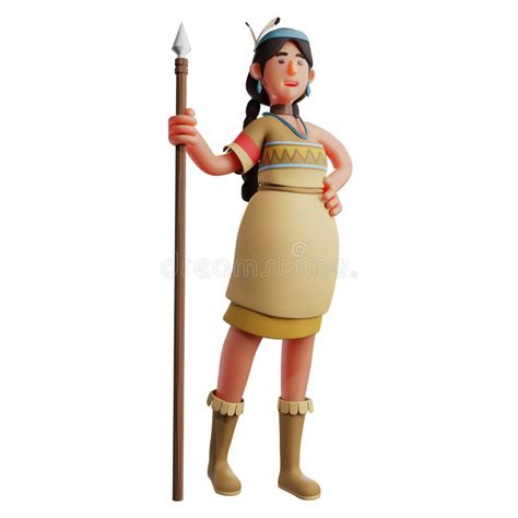 a cheerful indian girl 3d cartoon illustration holding a spear stock