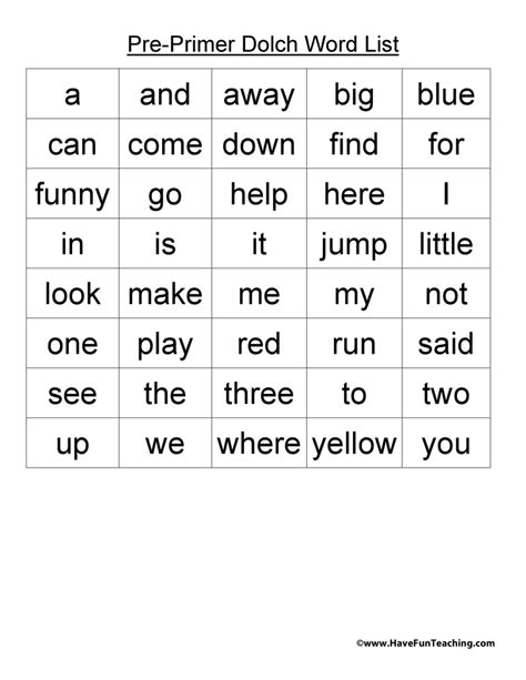 dolch sight words list  fun teaching