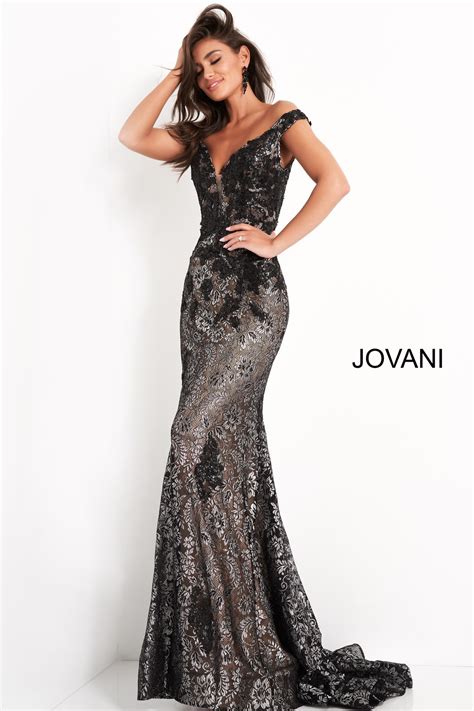 Jovani 06437 Black Metallic Lace Embroidered Prom Dress