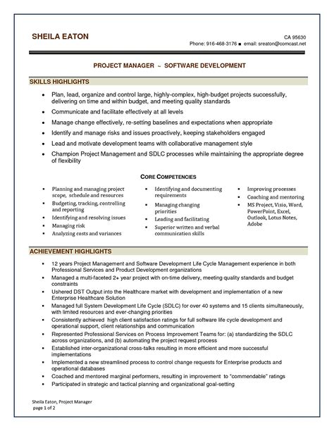 resume sample  project manager