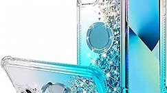 WORLDMOM for iPhone 13 Case,Bling Moving Liquid Floating Sparkle Colorful Glitter Waterfall TPU Protective Case with Rotation Ring Kickstand for iPhone 13 [6.1 inch 2021],Blue