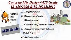Mix Design-M20 grade concrete | Concrete mix design for M20 grade as per IS-10262-2019 & IS-456:2000