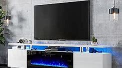 80" Fireplace TV Stand, Modern High Gloss Finish Media Console with 40" Electric Fireplace, Open Storage Entertainment Center for TVs Up to 90" with LED Lights, White