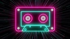 Retro Neon Cassette For Stereo Recorder Animated On A Spase Background. Seamless Loop