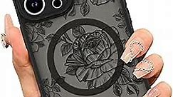 AIGOMARA Case for iPhone 15 Pro Max [Compatible with MagSafe] Black Flower Floral Pattern Design Case for Women Girls Soft TPU Bumper Hard PC Back Anti-Fall Shockproof Protective Slim Magnetic Cover