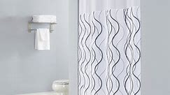 Hookless HBH49WAV01SL77 White with Gray Waves Shower Curtain with Matching Flat Flex-On Rings, It's A Snap! Polyester Liner with Magnets, and Poly-Voile Translucent Window - 71" x 77"