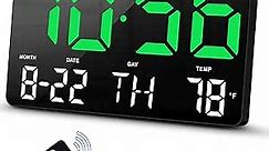 Digital Clock, Digital Wall Clock with Remote Control, LED Clock Large Display with Date Week Temperature for Living Room Decor, Large Wall Clocks for Bedroom Office Gym Shop Garage (Green)