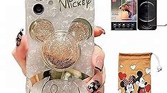 Hosiss Cartoon Case for iPhone 12 6.1'' with HD Screen Protector, Mickey Mouse with Quicksand Cell Phone Holder Strap Soft TPU Shockproof Protective for Girls Women