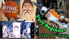 Very beginner Step-by-step Chainsaw carving. How to carve a Woodspirit. Battery-powered chainsaw.