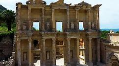 Stunning long aerial shot of the Celsus library in the ancient city of Ephesus in Turkey
