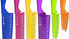 Gourmet Forged ColorSlice 12 Piece Color-Coded Kitchen Knife set 6 Non Stick Dishwasher Safe Knives w/ 6 Blade Guards/Sheaths Sharp Stainless Steel Anti Rust Coated Best Bright Colors Multicolor