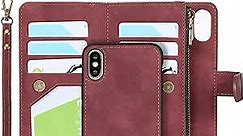 iCoverCase for iPhone X/XS Wallet Case with Card Holder and Wrist Strap, PU Leather Kickstand Card Slots Zipper Pocket Magnetic [Detachable] Flip Cover Case 5.8 Inch (Claret)
