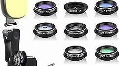 Phone Camera Lens Kit, 14 in 1 Lenses with Selfie Light for iPhone 14 13 12 11 Xs X Pro Samsung and Other Andriod Smartphone, Universal Clip on Wide Angle+Macro+ Fisheye Camera Lenses