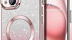 Hython for iPhone 15 Case Clear Magnetic Glitter Phone Cases [Compatible with MagSafe] Full Camera Lens Protector Slim Gradient Sparkle Luxury Plating Shockproof Protective Cover Women Girls, Pink