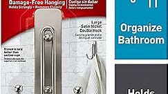 Command Large Double Bathroom Wall Hook, Damage Free Hanging Bath Hook with Adhesive Strip, Double Hook for Hanging Bath Towels, 1 Satin Nickel Colored Wall Hook and 1 Water-Resistant Command Strip