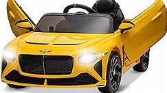 12V Ride on Toy Car, Licensed Bentley Electric Car for Kids w/Parent Remote Control, 2 Speeds, 2 Opening Scissor Doors, Music, LED, AUX, Kids Cars to Drive Battery Powered Wheels, Yellow