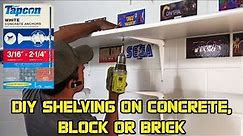How to install shelves on a concrete, block or brick wall, using Tapcon Anchor Screws.