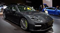 Porsche Panamera 4 E-Hybrid performance saloon car on display at the 2018 European motor show in Brussels.