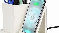 Wireless Charger with Desk Organizer, Wireless Charging Station for iPhone 14/14 Pro/13/12/11/Samsung Galaxy S23/S22/S21/S20/Note 20/Note 10, Wireless Charging Stand with Leather, White