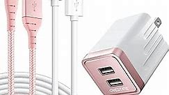iPhone Charger Set, 2 Apple MFi Certified Lightning Cables with 1 Dual USB Wall Adapter - 2.4 AMP Compatible w/iPhone 13, 12, 11, XS, XR, X, 8 All Models (Rose Gold/Rose Gold&White, 10ft)