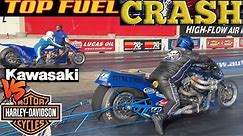 TOP FUEL MOTORCYCLE CRASH! NITRO HARLEY AND KAWASAKI KZ TOP FUEL DRAG BIKE COLLIDE AT SPEED!