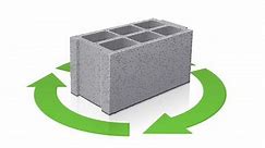 Loop animation of an isolated 3D cinder block with shadow and reflection surrounded by the circular green symbol of the 3 recycling arrows (white background,Transparency mask)