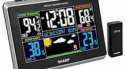 Sharp Weather Station with Easy to Read Color Display - Wireless Indoor Outdoor Thermometer and Humidity, Atomic Clock, Alarm and Calendar, 12 Hour Forecast, AC or Battery Powered