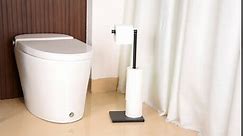 Free Standing Bathroom Toilet Paper Holder Stand with Reserve, Stainless Steel Pedestal Tissue Roll Holder, Black DECLUTTR