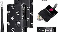 UEEBAI Wallet Case for iPhone 7 Plus/iPhone 8 Plus, Premium Vintage PU Leather Magnetic Closure Handbag Zipper Pocket Case Kickstand Card Slots with Wrist Strap Shockproof Flip Case - Black Heart