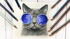 Cat with Galaxy Glasses drawing | Time Lapse video