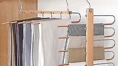 Magic Pants Hangers, Space Saving Closet Hangers 5 Layers 2 Uses Multi Functional Pants Rack | Solid Metal & Wood Heavy Duty Wardrobe Organizer Racks for Clothes Trousers Scarves Ties(One Pack)
