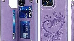 iCoverCase iPhone 12/12 Pro Phone Case with Card Holder, iPhone 12/12 Pro Wallet Case for Women, Wrist Strap [RFID Blocking] Embossed Leather Kickstand Case for iPhone 12/12 Pro (Heart Purple)