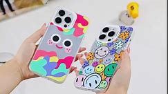 2 Pack Smiley Phone Case for iPhone 14 6.1 Inch, Silver Shinny Smiley Face Phone Case for Girls Women, Trendy Aesthetic Cute Designed Soft TPU Edge with Bumper Shockproof Protective Case