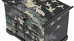 February Mountain Mother of Pearl Wooden Jewelry Organizer Box – Jewelry Storage Box for Women, Features Spacious Drawers, Ideal for Rings, Bracelets, Watches, Chains, Accessories (Crane_Black)